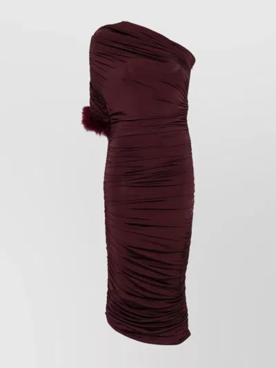 MUGLER ONE SHOULDER FEATHER TRIM RUCHED MIDI DRESS