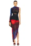 Mugler One-sleeve Dress In Print Blue & Red Flowers