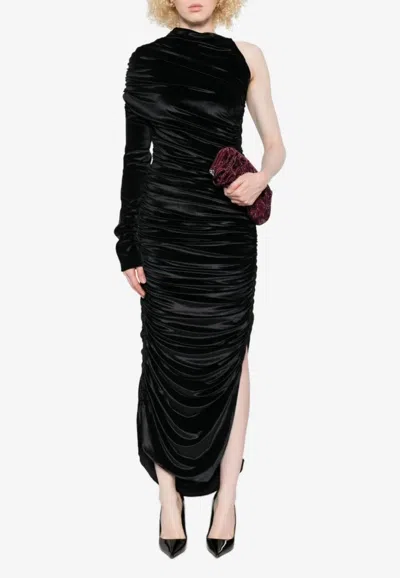 Mugler One-shoulder Ruched Midi Dress In Black