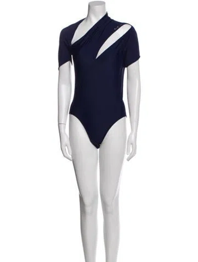 Pre-owned Mugler One-shoulder Short Sleeve Bodysuit In Blue