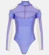 Mugler Paneled Tulle Bodysuit In Purple