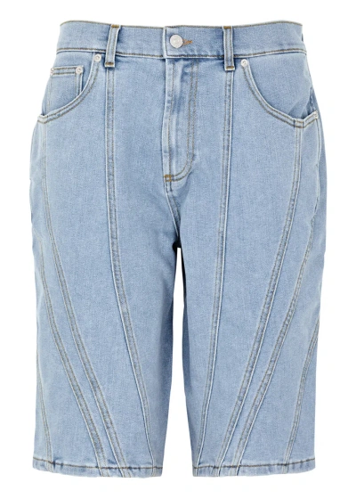 Mugler Panelled Denim Longline Shorts In Light Blue