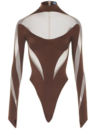 Mugler Panelled Long-sleeve Bodysuit In Brown