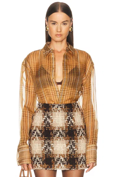 Mugler Plaid Silk Button Down Shirt In Cream Prince De Galles