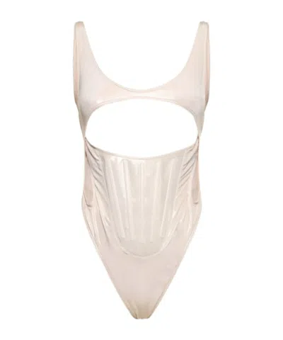 Mugler Plain Knit Sheer One-piece Swimsuit In Brown