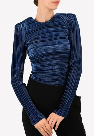 Mugler Pleated Lamé Padded Shoulder Top In Blue