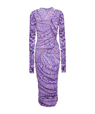 Mugler Pleated Mesh Printed Dress In Pink