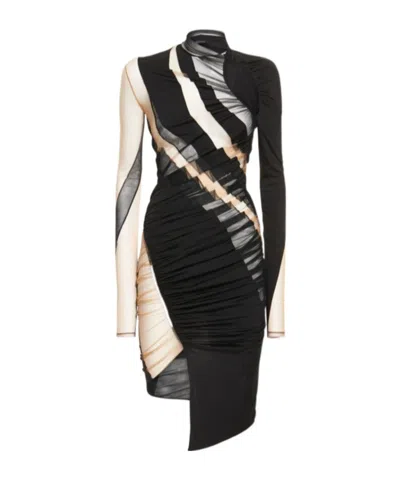 Mugler Pleated Transparent Mesh Cutout Mini Dress In Black