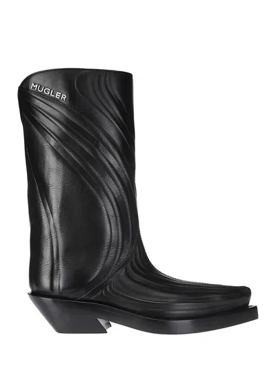 Mugler Embossed Santiag Boot In Calfskin Black