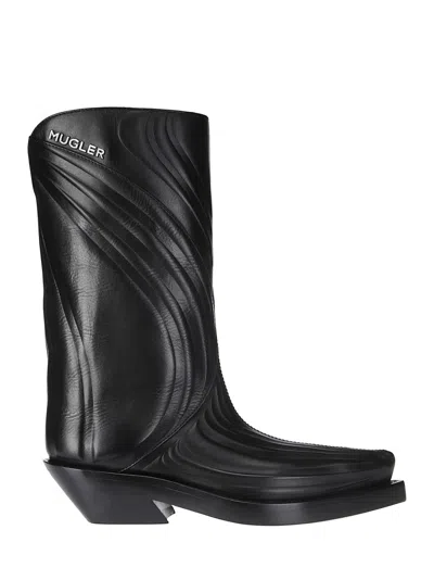 Mugler Embossed Santiag Boot In Calfskin Black