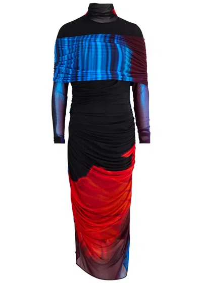 Mugler Printed Draped Tulle Midi Dress In Multi Print