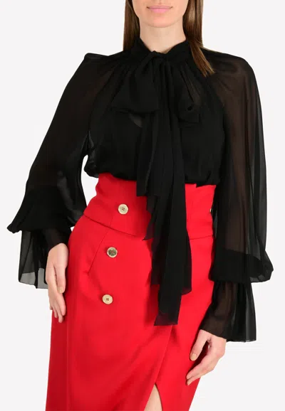 Mugler Pussy-bow Collar Sheer Silk Shirt In Black