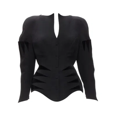 Pre-owned Mugler Rare Thierry  Vintage Black Wool Geometric Velvet Peplum Jacket It40 S