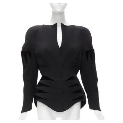 Pre-owned Mugler Rare Thierry  Vintage Black Wool Geometric Velvet Peplum Jacket It40 S