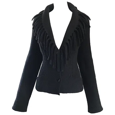 Pre-owned Mugler Rare Vintage Thierry  Black Fringe Collar Avant Garde Boiled Wool Jacket