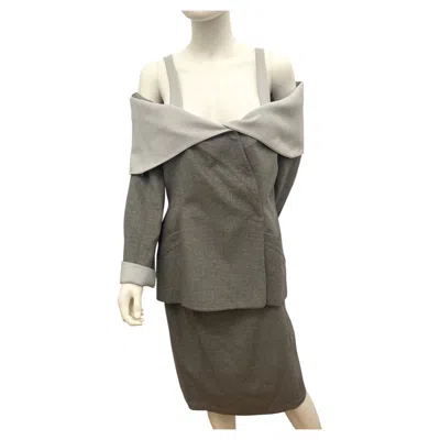Pre-owned Mugler Rare Vintage Thierry  Sculptural Off Shoulder Wool & Angora Shirt Suit In Gray