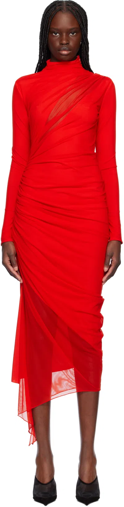 Mugler Red Asymmetrical Double-layered Midi Dress In 3119 Coquelicot