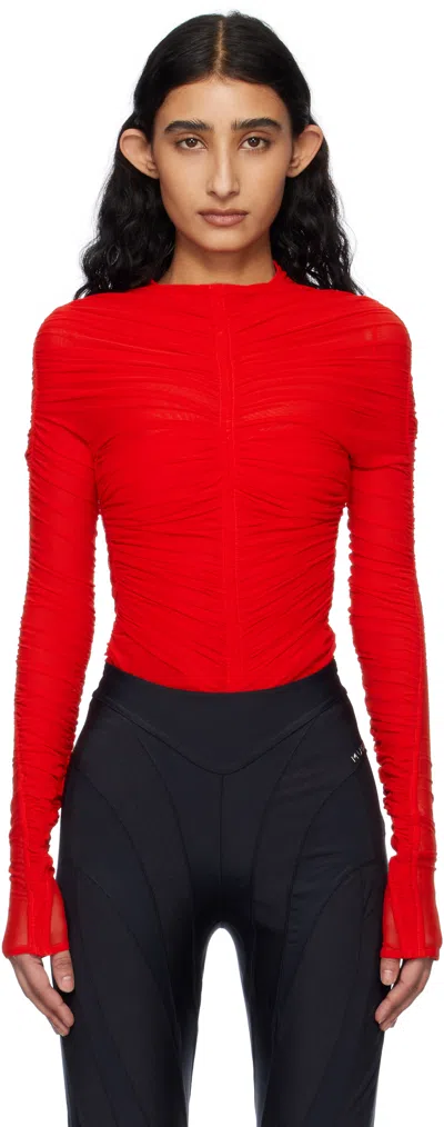Mugler Red Ruched Bodysuit In 3119 Coquelicot