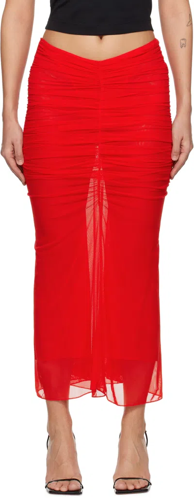 MUGLER RED RUCHED MESH MIDI SKIRT