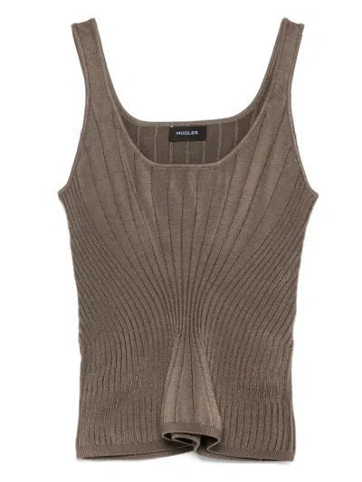 Mugler Ribbed Square-neck Top In Brown