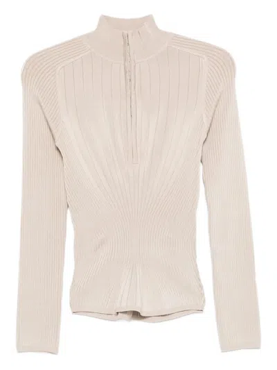Mugler Ribbed Zip-front Polo Top In Pink