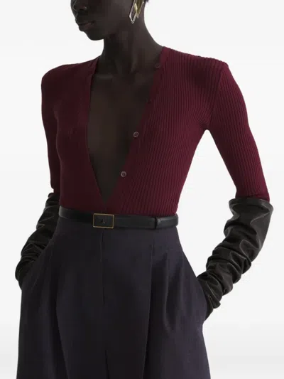Mugler 골지 니트 버튼 업 바디수트 In Red