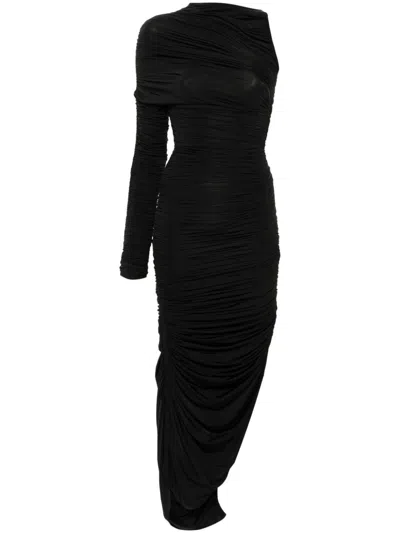 Mugler Ruched Asymmetrical Dress In Black