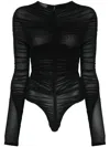 Mugler Gathered Semi-sheer Bodysuit In Black