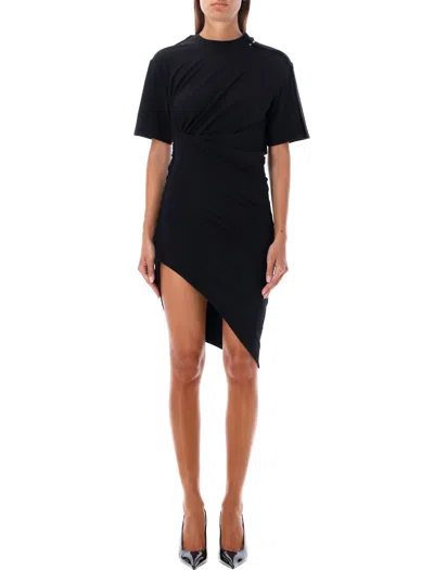 Mugler Draped Cotton Blend Jersey Mini Dress In Black