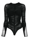 Mugler Ruched Mesh Bodysuit In Black