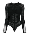 Mugler Gathered Semi-sheer Bodysuit In Black
