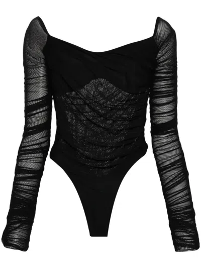 Mugler Ruched Mesh Bodysuit For Women In Black