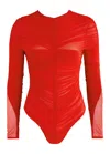Mugler Ruched Mesh Bodysuit In Red