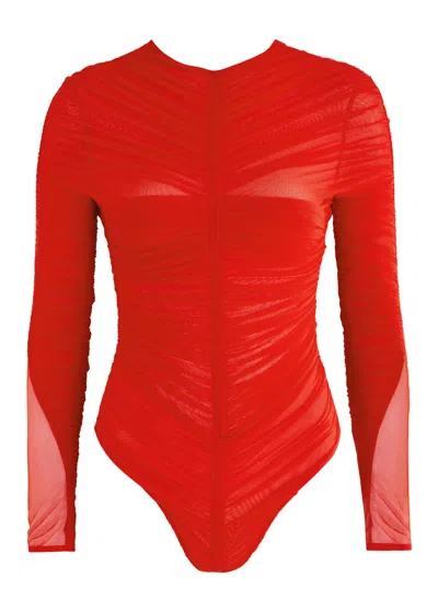 Mugler Ruched Mesh Bodysuit In Red