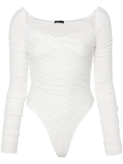 Mugler Ruched Mesh Bodysuit In White