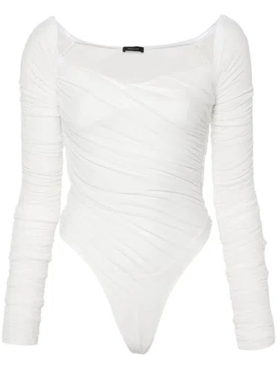 Mugler Off-shoulder Ruched Mesh Bodysuit In White