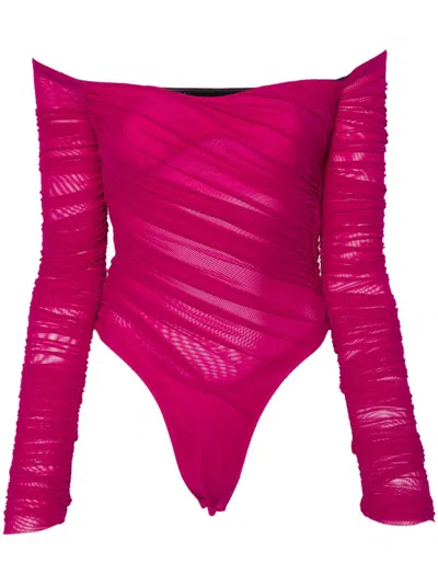 Mugler Off-shoulder Ruched Bodysuit In Pink