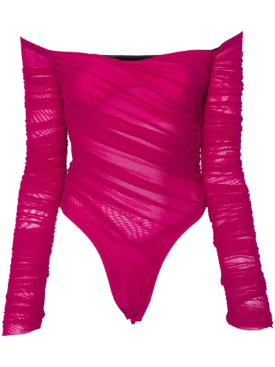 Mugler Ruched Mesh Bodysuit Woman Magenta In Polyamide In Purple