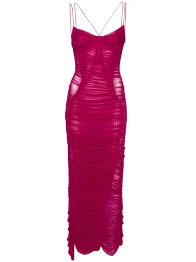 Mugler Ruched Mesh Gown In Purple
