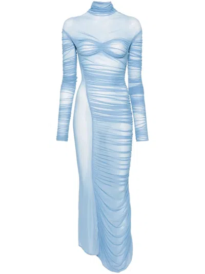 Mugler Ruched Mesh Maxi Dress In Blue