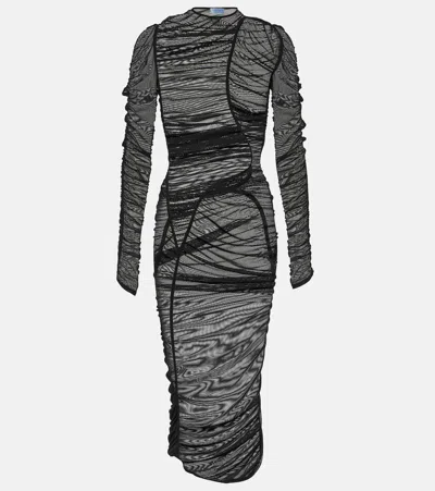 Mugler Ruched Mesh Midi Dress In Black