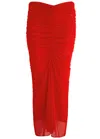 Mugler Ruched Mesh Midi Skirt In Red