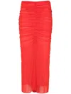 Mugler Ruched Mesh Midi Skirt In Red