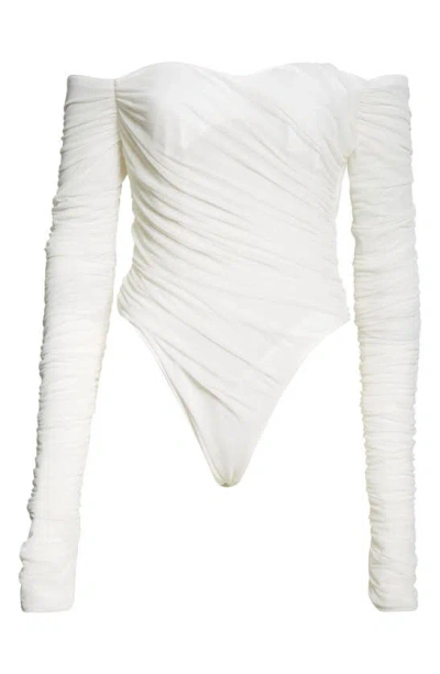 Mugler Ruched Off The Shoulder Mesh Bodysuit In Warm White