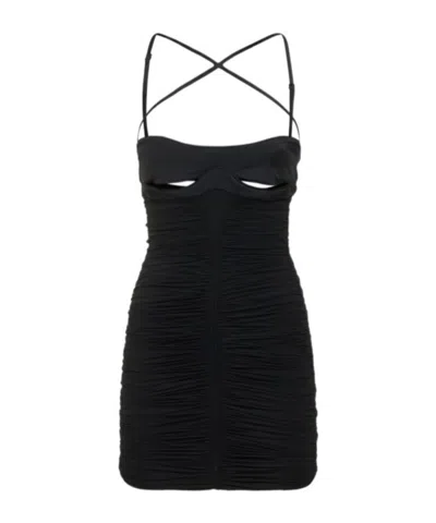 Mugler Ruched Sheer Jersey Crossed Mini Dress In Black