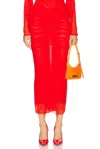 Mugler Ruched Mesh Midi Skirt In Coquelicot