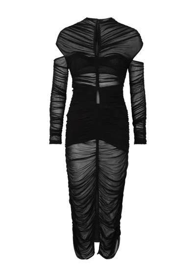 Mugler Ruched Stretch-tulle Midi Dress In Black