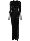 Mugler Ruffled Maxi Dress In Mesh Fabric In Black