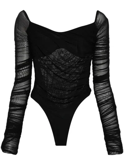 Mugler Semi-sheer Ruched Bodysuit In Black