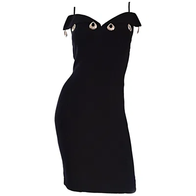 Pre-owned Mugler Sexy Vintage Thierry  Black Avant Garde Bodycon Dress W/ Silver Hoops Lbd